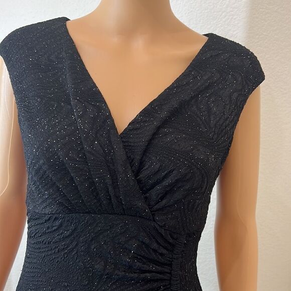 Alfani Size 6 Dress Black Silver Diamond Sparkle V Neck Sleeveless Ruched Midi - Picture 3 of 11